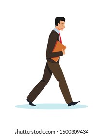 Informative Banner Guy in Suit Goes with Folder. Horizontal Flyer Guy in Suit is Concerned, Looks at Floor and Walks with Folder in his Hands. Vector Illustration on White Background.