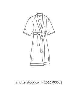 Informative banner, hand-drawn bathrobe, cartoon. Home simple clothes. Comfortable warm bathrobe. Quick sketch clothes from black lines. Vector illustration.