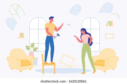 Informative Banner, Household Problem in Family. Man is Standing on Chair and Hammering Nail into Wall, an Unhappy Woman Standing Nearby. Wife Scolds her Husband, Guy is Upset Flat.