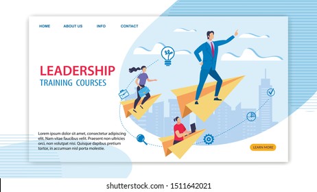 Informative Banner Leadership Training Courses. Male Chief Stands On Paper Airplane And Indicates Direction Flight To People. Core Course Ignites And Inspires. People Rush To Become Experts.