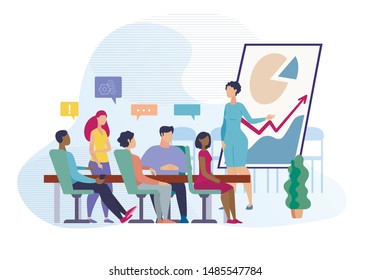 Informative Banner Meeting Discussion Cartoon. Offices are Open, in Large Room there are Many Employees. Poster Woman Holds Meeting, Voices Performance Company. Vector Illustration.