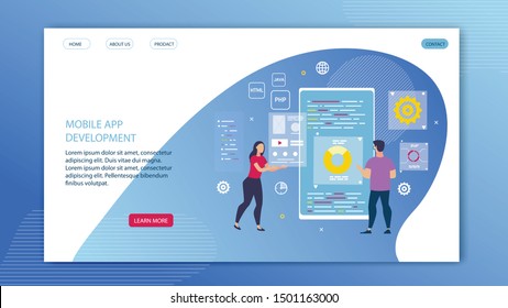 Informative Banner Mobile App Development Flat. Typical Provincial Office. Poster Guy and Girl Work as Programmers. People are Standing Near Interactive Mobile Panel. Vector Illustration.