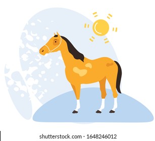 Informative Banner Nature Summer Pasture Horse. Beautiful Horse Stands on Street in Hot Sun. Beautiful Poster Pet Protection. Flyer Red Horse Stands in Summer in Meadow. Vector Illustration.