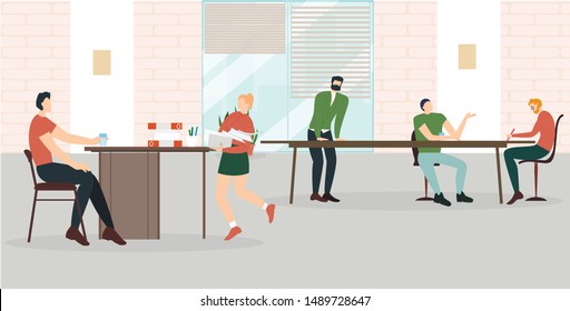 Informative Banner Office Work Distribution Flat. Poster Various Factors External and Internal Environment Enterprise. Men Sit at Table and Discuss Work Issues. Vector Illustration.