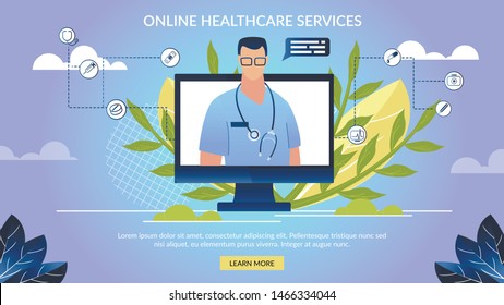 Informative Banner Online Healthcare Services. Poster on Computer Screen Male Doctor Conducts an Online Consultation. Flyer Application for Diagnostics Internet. Vector Illustration.