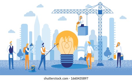 Informative Banner Project Coloring Business Idea. Each Participant Shares his Ideas. Girl Spraying Light Bulb with Tower Crane. People Carry Paint in Buckets. Woman Speaks in Megaphone.