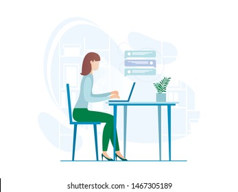 Informative Banner Relationship Through Messages. Poster Degree Comfort in Working Relationships. Advertising Flyer Girl Sits at Table and Writes Messages with Laptop. Vector Illustration.