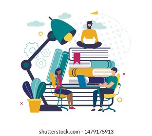 Informative Banner Selection Information, Flat. Poster Attraction Best Personnel with Help Flexible Work Schedule. Man Sits on Huge Books with Laptops Cartoon. Vector Illustration.