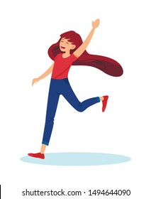 Informative Banner Teen Girl Rejoices Cartoon. Poster Teen Girl Runs and Laughs. Stylish Flyer Girl in Sportswear Happily Greets and Hurries. Vector Illustration on White Background.