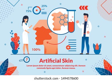 Informative Banner is Written Artificial Skin. Advances in Medicine are Driven by Many Factors. Male and Female Doctors do Tests and Studies. Correct Diagnosis. Vector Illustration.