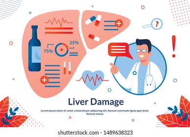 Informative Banner is Written Liver Damage Flat. Popular Set Tests in Clinic. Male Doctor Explains Effects Liver Disease. Disease Prevention, Healthy Lifestyle. Vector Illustration.