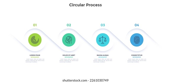 Gráfica informativa de procesos circulares para demostración de tecnología digital. Infograma de privacidad en línea con iconos de línea delgada. Gráficos instructivos con diseño de secuencia de 4 pasos para páginas web