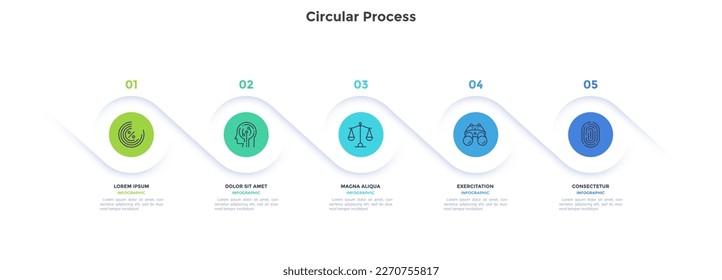 Informative circular process infographic chart for digital technology demonstration. Privacy online infochart with thin line icons. Instructional graphics with 5 steps sequence design for web pages
