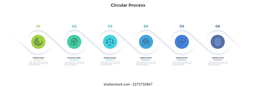 Informative circular process infographic chart for digital technology demonstration. Privacy online infochart with thin line icons. Instructional graphics with 6 steps sequence design for web pages