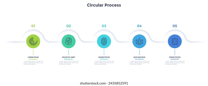 Informative circular process infographic chart for digital technology demonstration. Privacy online infochart with thin line icons. Instructional graphics with 5 steps sequence design for web pages