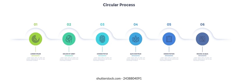 Informative circular process infographic chart for digital technology demonstration. Privacy online infochart with thin line icons. Instructional graphics with 6 steps sequence design for web pages