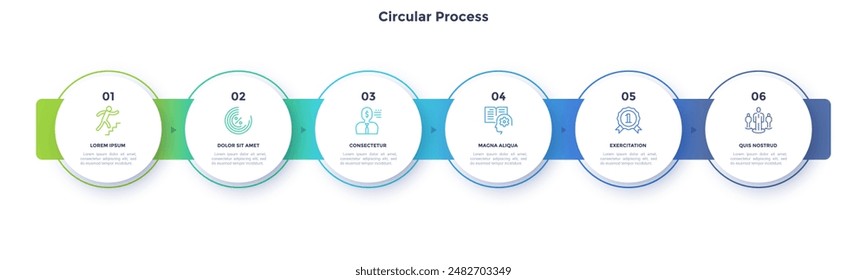 Informative circular process infographic chart for business startup demonstration. Privacy online infochart with thin line icons. Instructional graphics with 6 steps sequence design for web pages