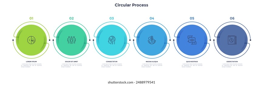Informative kreisförmige Prozess-Infografik für die Demonstration digitaler Technologien. Datenschutz-Online-Infodiagramm mit dünnen Linien-Symbolen. Anleitungsgrafik mit 6-Stufen-Sequenzdesign für Web-Seiten