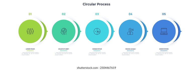 Informative circular process infographic chart for digital technology demonstration. Modern infochart with thin line icons. Instructional graphics with 5 steps sequence design for web pages
