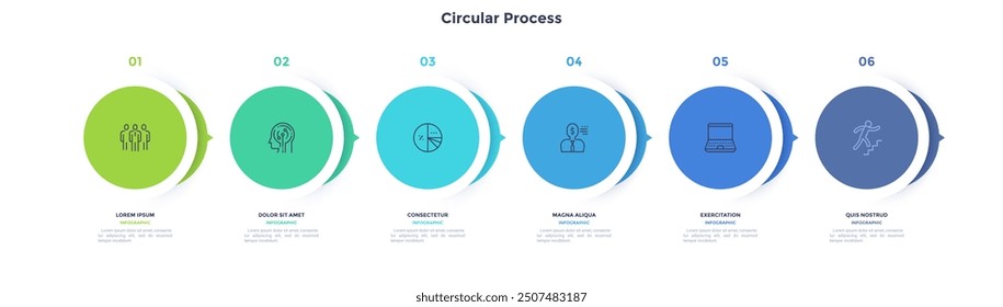 Informative circular process infographic chart for digital technology demonstration. Modern infochart with thin line icons. Instructional graphics with 6 steps sequence design for web pages