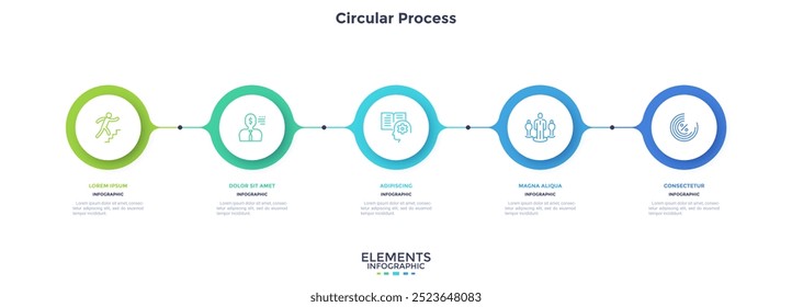 Informative circular process infographic chart for business startup demonstration. Infochart with thin line icons. Instructional graphics with 5 steps sequence design for web pages