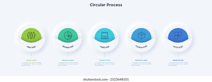 Informative circular process infographic chart for digital technology demonstration. Modern infochart with thin line icons. Instructional graphics with 5 steps sequence design for web pages