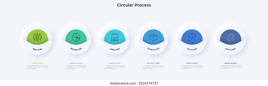 Informative circular process infographic chart for digital technology demonstration. Modern infochart with thin line icons. Instructional graphics with 6 steps sequence design for web pages