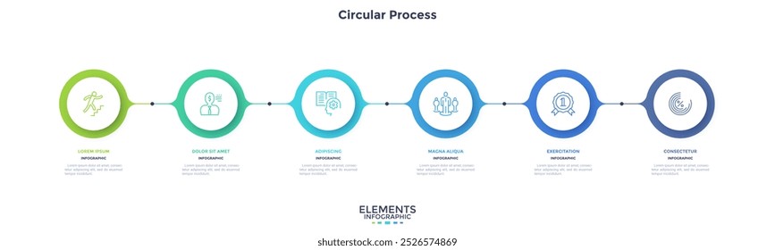 Gráfico infográfico informativo de processo circular para demonstração de inicialização de negócios. Infográfico com ícones de linha fina. Gráficos de instrução com 6 etapas de design de sequência para páginas da web