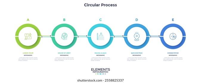 Informative circular process infographic chart for business startup demonstration. Circular infochart with thin line icons. Instructional graphics with 5 steps sequence design for web pages