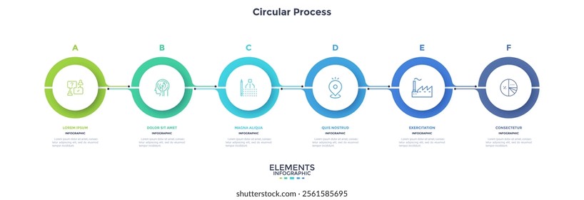 Informative circular process infographic chart for business startup demonstration. Circular infochart with thin line icons. Instructional graphics with 6 steps sequence design for web pages