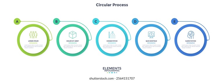 Informative circular process infographic chart for business startup demonstration. Financial infochart with thin line icons. Instructional graphics with 5 steps sequence design for web pages