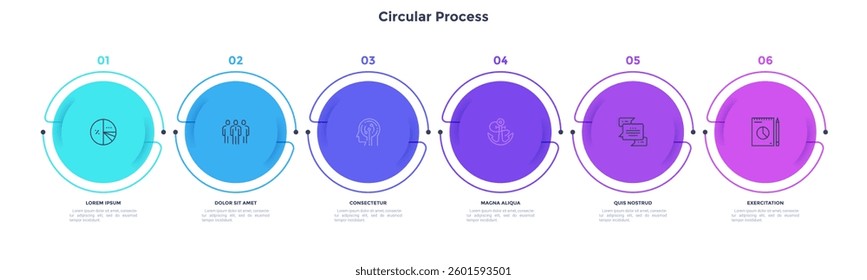 Informative circular process infographic chart for digital technology demonstration. Privacy online infochart with thin line icons. Instructional graphics with 6 steps sequence design for web pages
