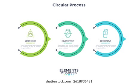Informative circular process infographic chart for business startup demonstration. Privacy online infochart with thin line icons. Instructional graphics with 3 steps sequence design for web pages