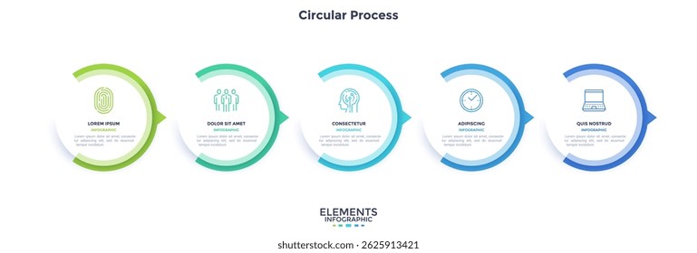 Informative circular process infographic chart for business startup demonstration. Privacy online infochart with thin line icons. Instructional graphics with 5 steps sequence design for web pages
