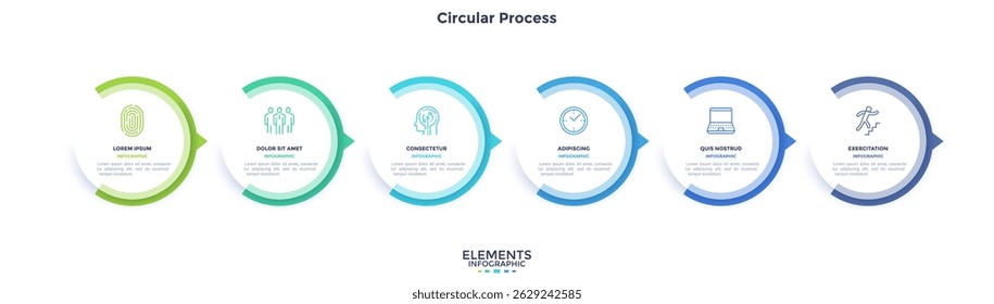 Gráfico infográfico informativo de processo circular para demonstração de inicialização de negócios. Gráfico de informações on-line de privacidade com ícones de linha fina. Gráficos de instrução com 6 etapas de design de sequência para páginas da web