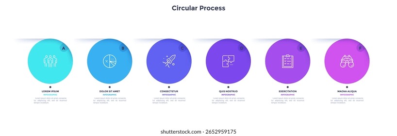 Informative circular process infographic chart for digital technology demonstration. Privacy online infochart with thin line icons. Instructional graphics with 6 steps sequence design for web pages