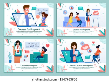 Informative Flat Banner Set Advertising Courses For Pregnant. Maternity Classes Promotion. Parenting And Motherhood Support. Doctor Advises Application For Computer And Mobile. Vector Illustration