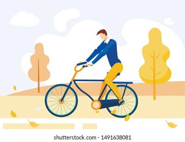 Informative Flyer Bike Ride in Autumn Cartoon. Banner Prevention Health Problems. Guy in Casual Clothes Rides Bicycle in Autumn in Park. Cyclist Rides Out Town. Vector Illustration.