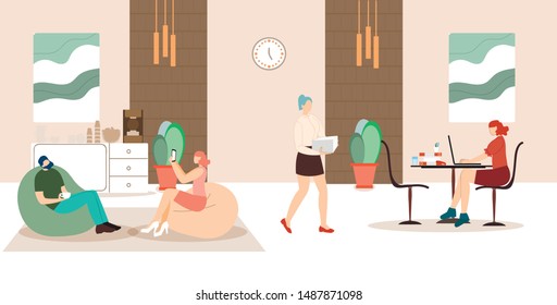 Informative Flyer Break in Office Cartoon Flat. Employees are Competent to Solve Problem or Questions. Man and Woman are Sitting in Frameless Armchairs and Talking. Vector Illustration.