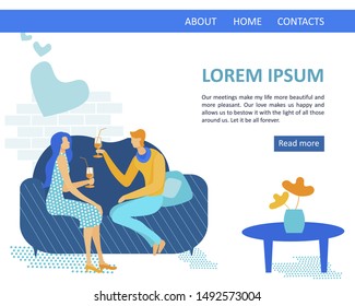 Informative Flyer Date on Couch Couple in Love. Two People, Each which Retains its own Interests. Husband and Wife are Sitting on Couch at Home and Chatting with Each other Trepently. 