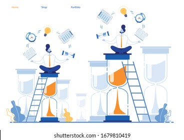 Informative Flyer Determination and Calm at Work. Methods and Skills Contribute to Development Successful Type Thinking. Men Sit on Large Hourglass and Juggle Objects. Multitasking at Work.