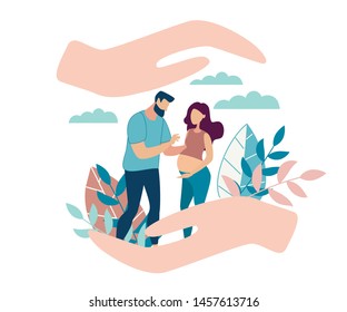 Informative Flyer Female Reproductive Health. Banner Family is in Caring Hands. Future Father Shows Future Mother Document. Pregnant Wife and Husband Stand in Park. Vector Illustration.