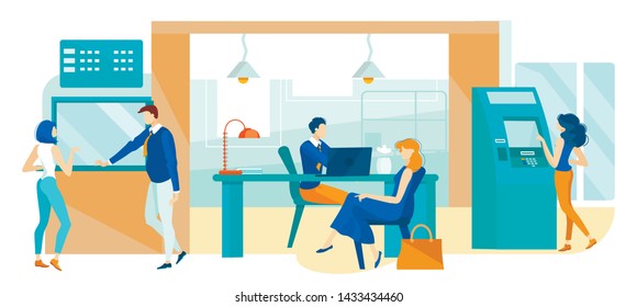 Informative Flyer Financial Banking Transactions. Woman Consults on Banking Products from Young Man Cartoon. Girl Stands Atm and Conducts Financial Transactions. Vector Illustration.