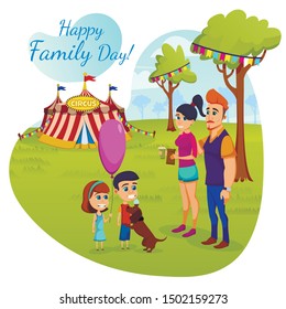 Informative Flyer Happy Family Day Lettering. Spectacular Event in City Park. Husband and Wife Brought Children to Circus Tent. Joyful Children Stand with Balloons. Vector Illustration.