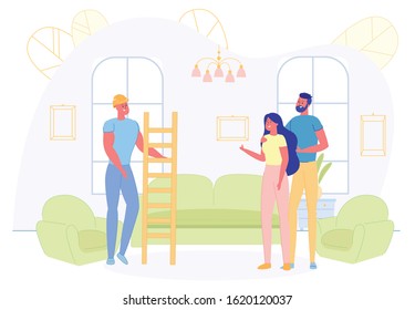 Informative Flyer, Home Electrical Service, Flat. Husband and Wife are Talking Apartment with Master. Man Holds Ladder to Hang Chandelier. People Invited Staff to Help with Housework.