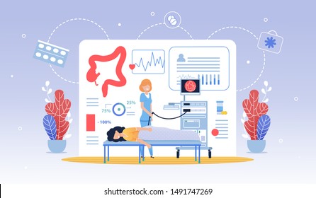 Informative Flyer Hydro Colonoscopy Cartoon Flat. Regular Visit to Doctor Prolongs Healthy Period Life. Woman is Being Examined in Clinic, Nurse is Standing Nearby. Vector Illustration.