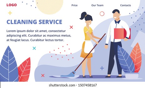 Informative Flyer Inscription Cleaning Service. Joyful Parents Clean together. Wife Washes Floor. Husband takes out Box. Man and Woman Clean up. Joint cooperation In Cleaning. Vector Illustration.