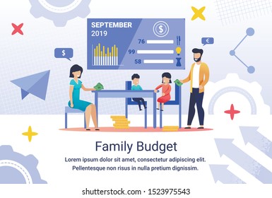 Informative Flyer Inscription Family Budget, Flat. Family makes Budget together. parents Spend Time with their children. Dad and Mom Count Income and Expenses. Family Finance Chart for September 2019.