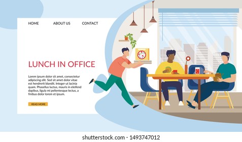 Informative Flyer Inscription Lunch In Office. Banner Men At Lunchtime At Work Eat Sandwiches And Drink Sparkling Water. Staff Room In Modern Office. Vector Illustration Landing Page.