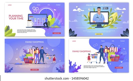 Informative Flyer Inscription Planning Your Time. Poster Written Online Healthcare Service, Family Shopping. Happy Parents With Children Shopping in Supermarket. Vector Illustration.